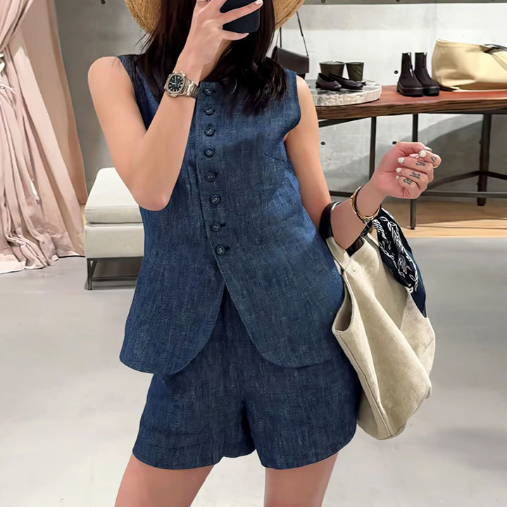 セットアップ ショートパンツ ノースリーブ ベスト デニム風