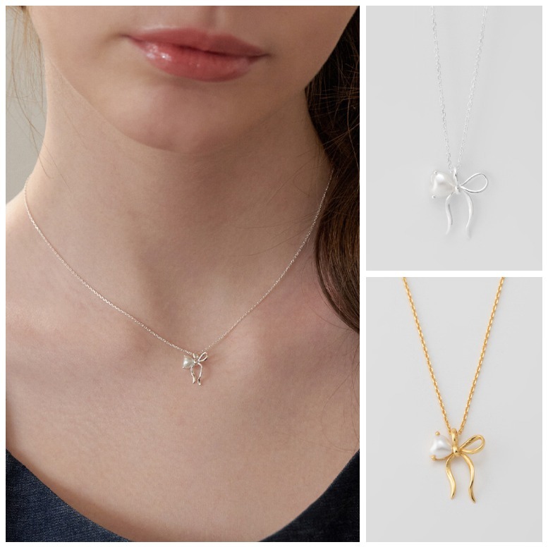 TATIANA☆[Silver925] One Side Heart Bow Necklace