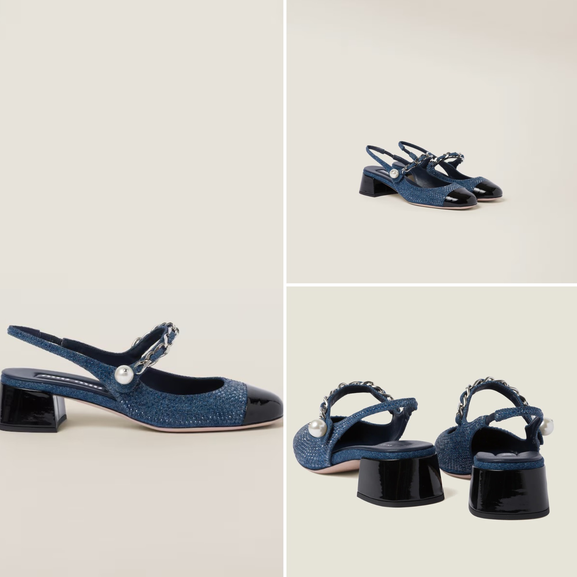 《送料無料》 MIU MIU Denim slingback w/ artificial crystals