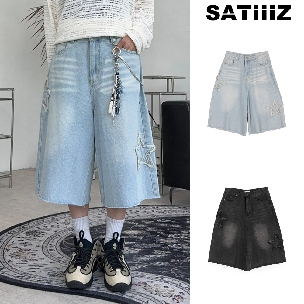 【SATIIIZ】Cutts Star Patch Bermuda Denim Pants