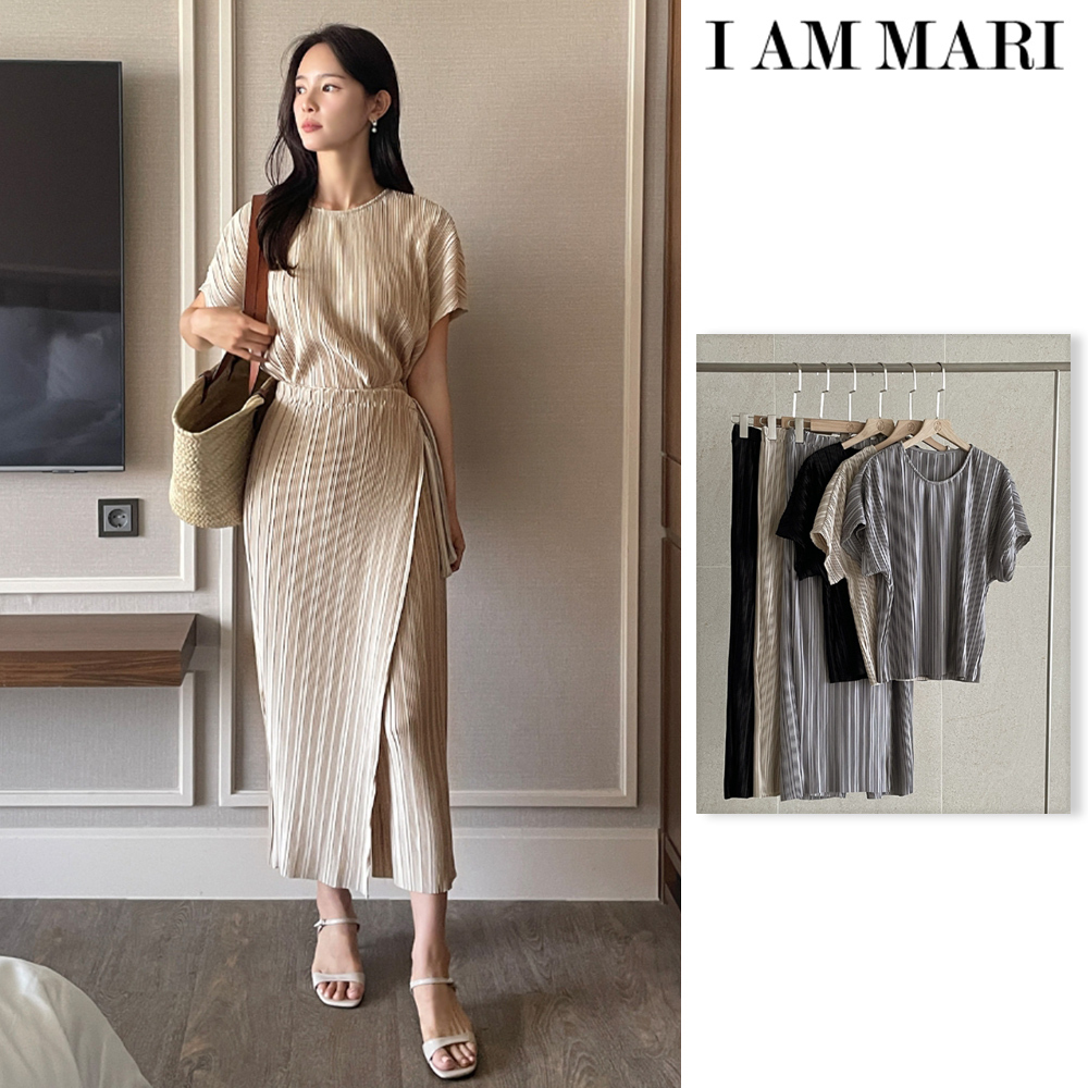 【I AM MARI】Haro Pleated Short Sleeve Wrap Skirt Pants Set