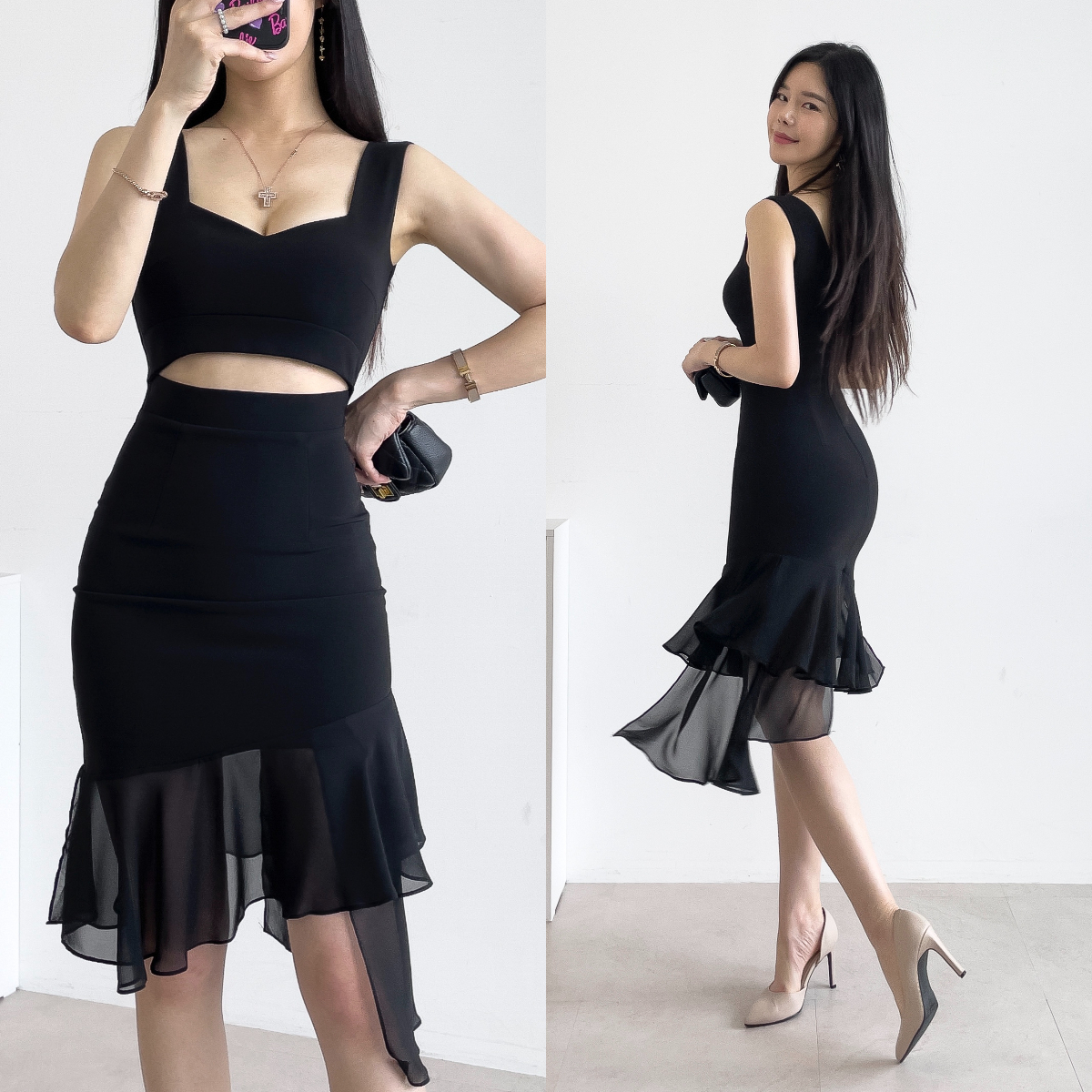 【韓国発】ウエストカッティングシフォンキャバドレス