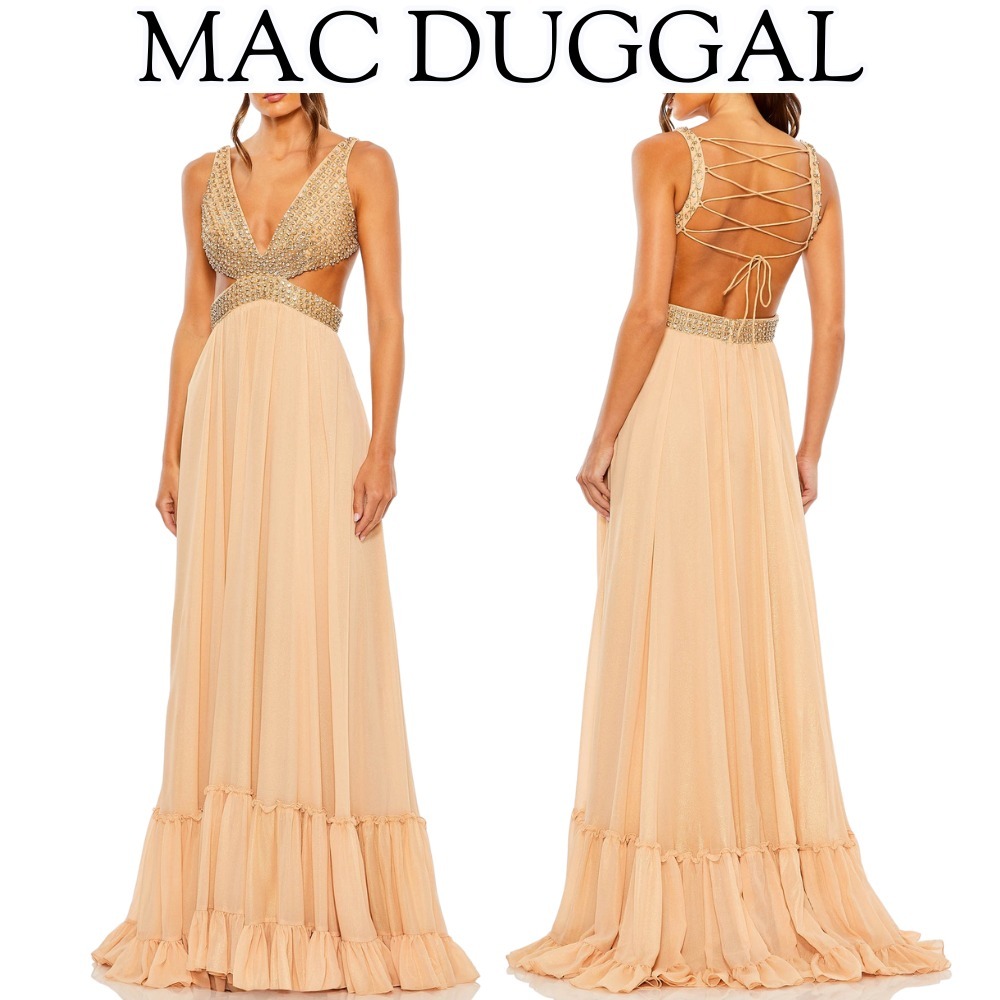 【Mac Duggal】Gold☆ラインストーン ビーズ フリル ドレス