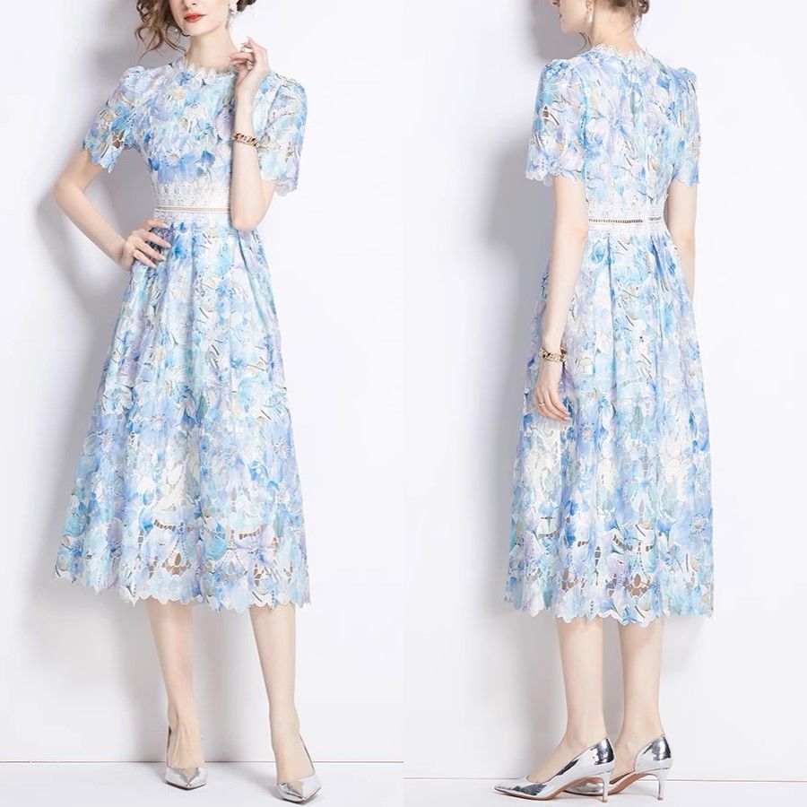 ☆半袖☆花柄 レース ミディ丈 ワンピ―ス パーティ ドレス