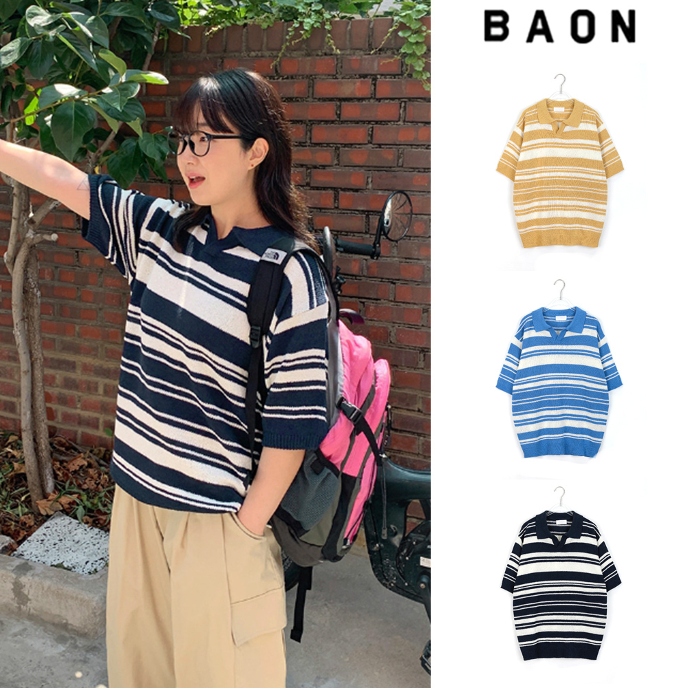 【BAON】[unisex] Noyuki Stripe Boucle Sollar Short Sleeve Kt