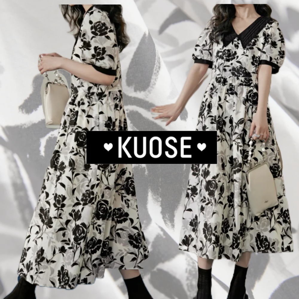 直営品【KUOSE】韓国ブランド モノクロ 花のマキシドレス