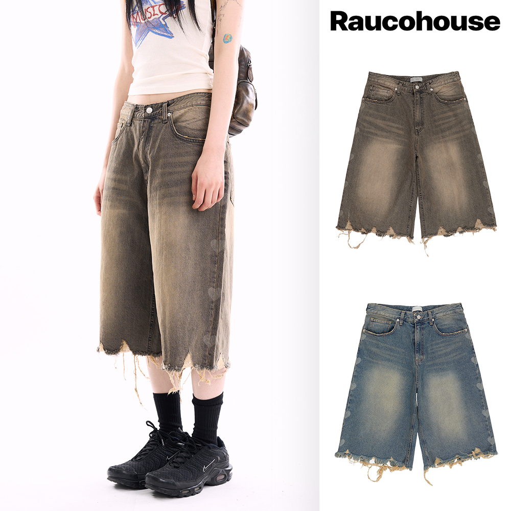 【Raucohouse】Heart vintage cropped bermuda denim pants