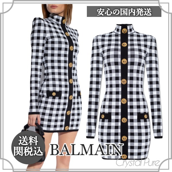 【BALMAIN】ギンガムチェック ボタン ニット ミニワンピース