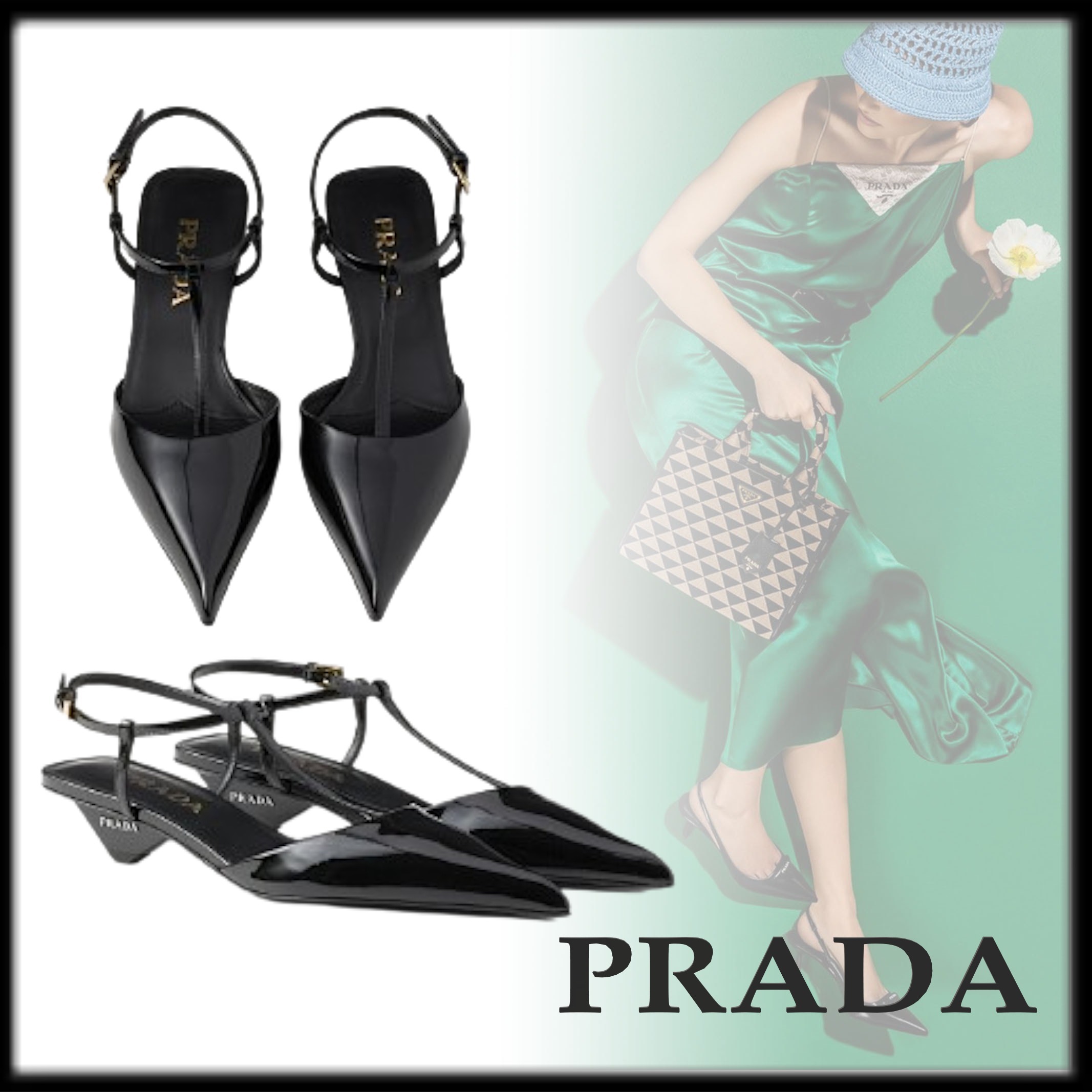 PRADA 上品 パテントレザー スリングバック パンプス