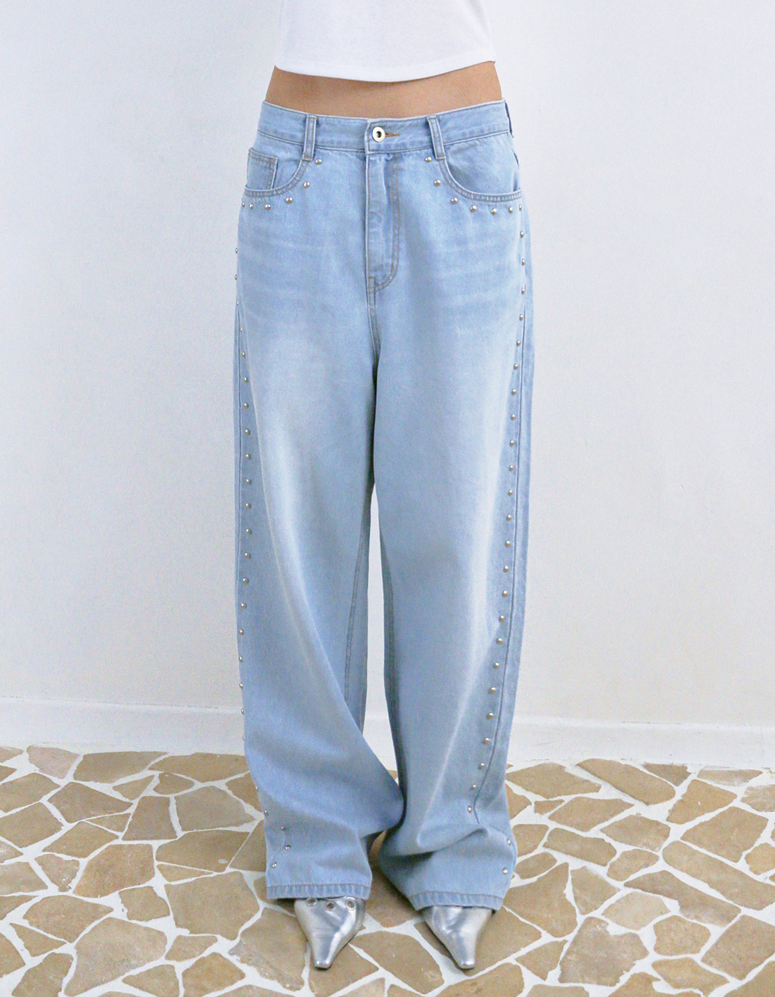 【polysooem】WARM STUDDED WASHED JEANS / 追跡付 WARM STUDDED WASHED JEANS, BLACK - polysooem