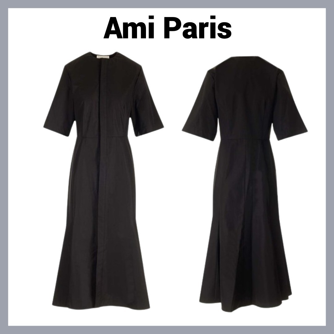 【AMI Paris】コットンポプリン ゴデット ミディドレス（Black）