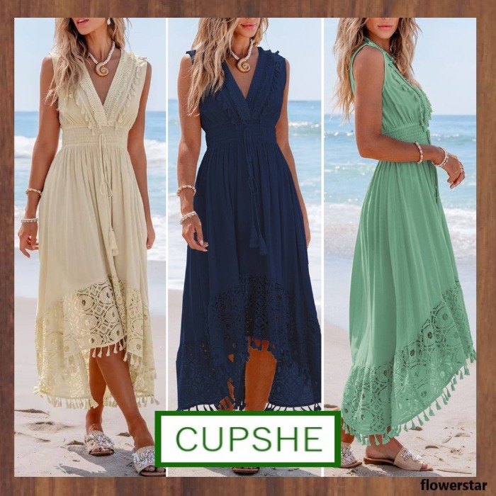 【CUPSHE】レース＆タッセル ノースリーブ ミディドレス(送料込)