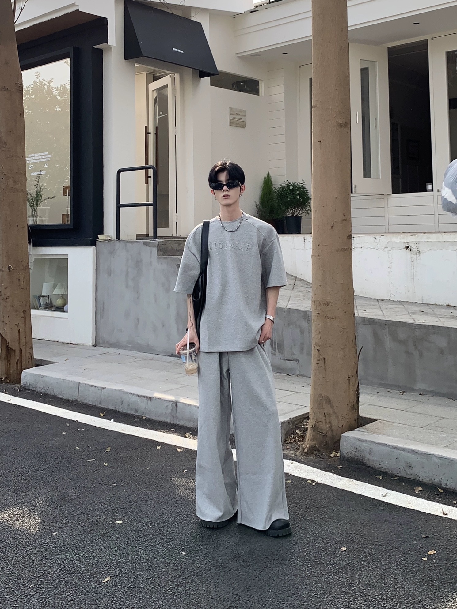 セットアップ モード 立体フラワー 半袖Tシャツ ワイドパンツ セットアップ メンズ 春 夏 春服 夏服 オープンカラーシャツ