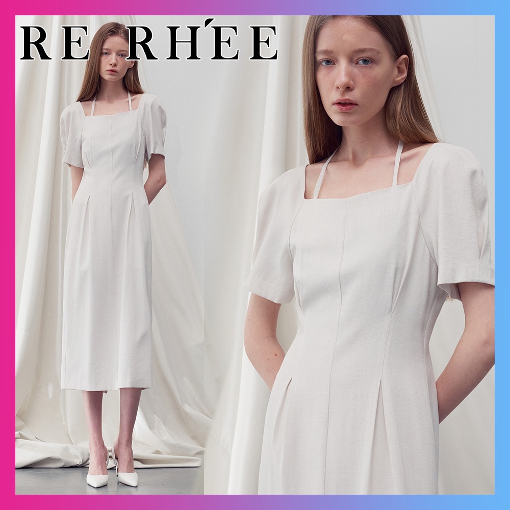 【RE RHEE】24SS SWEETHEART-NECK SLEEVES DRESS OATMEAL