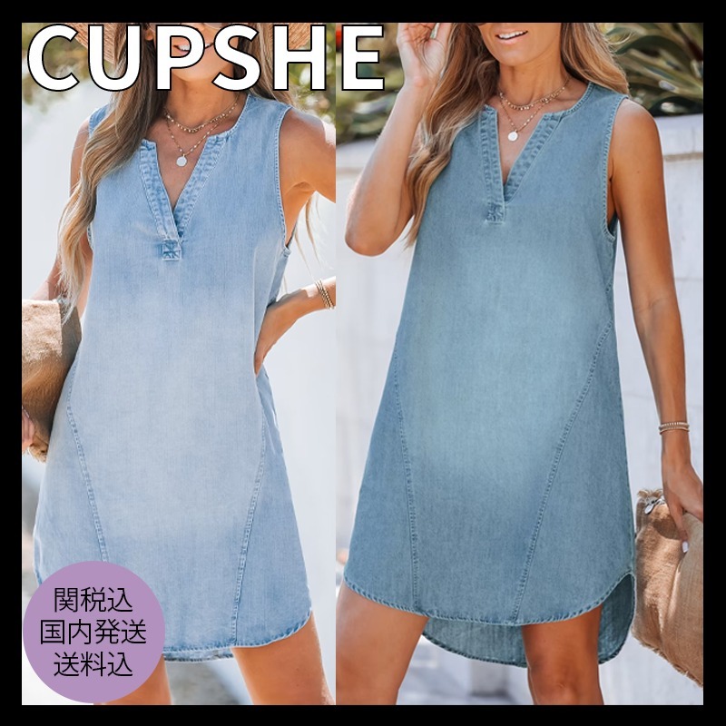 【CUPSHE】デニム Vネック ミニドレス ワンピース
