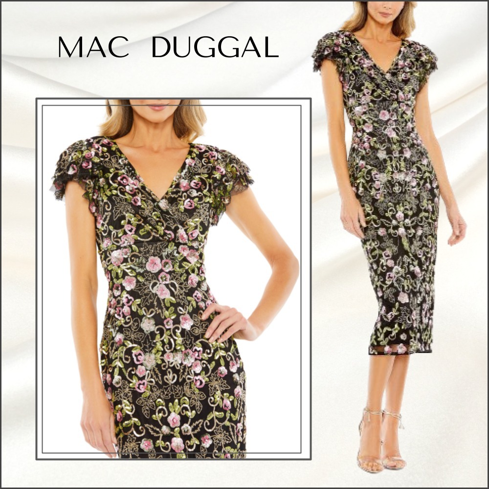 【MAC DUGGAL】ミディ ワンピース スパンコール 花柄 ブラック