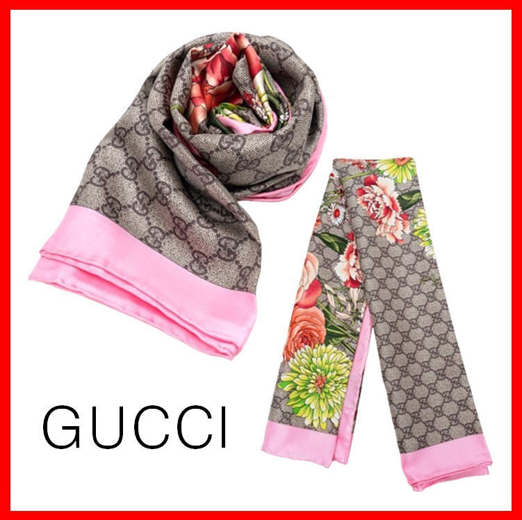 ☆【GUCCI】☆GGブーケプリントシルクスカーフ☆BEIGE PINK☆