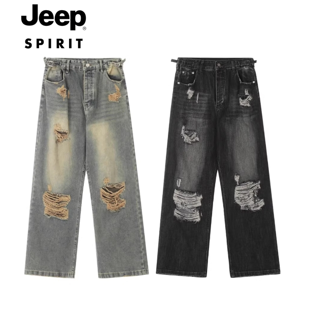 jeep デニムパンツ ストリートワイドパンツダメージルーズレトロ