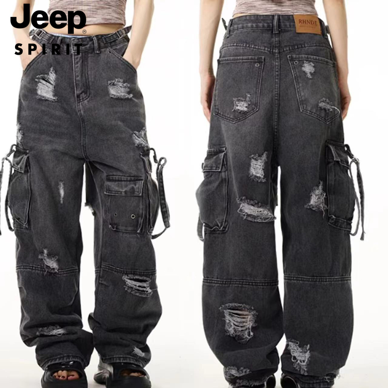 jeepデニムパンツストリートワイドカーゴパンツダメージジーンズ