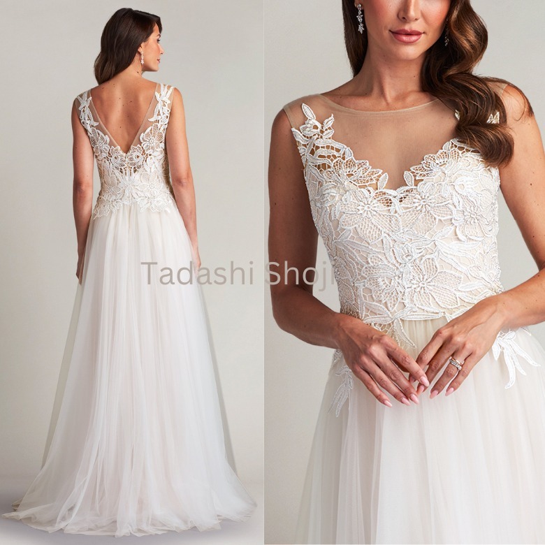 TADASHI SHOJI チュール白レース フレアロングドレス
