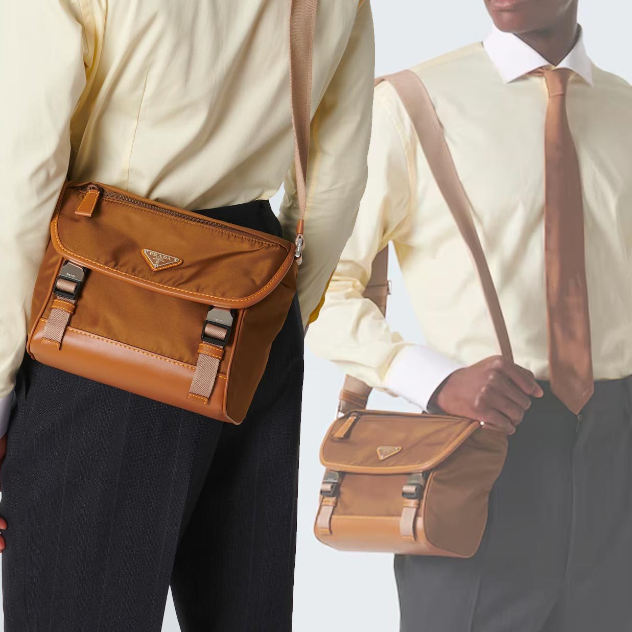 【PRADA】ナイロン レザー ショルダー バッグ 茶 ロゴ 送料込