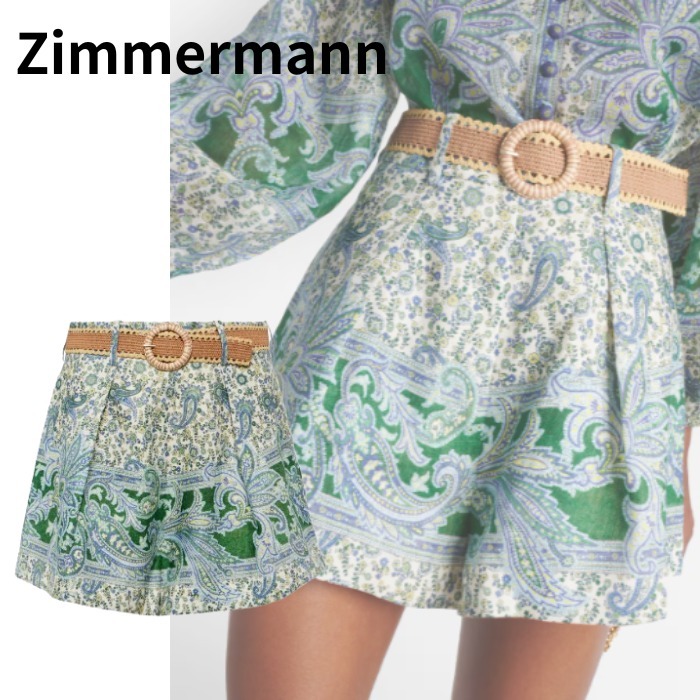 【Zimmermann】Ottie ペイズリー リネン ショーツ グリーン