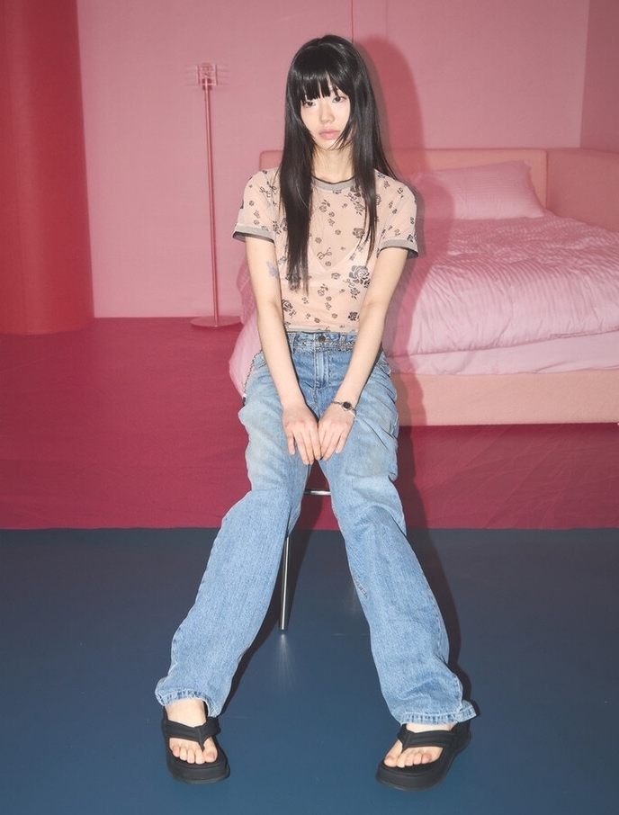 ★NOFFICIALNOFFICE★RIBBON ROSE POINT RIB MESH T-SHIRT★人気 NOFFICIALNOFFICE】RIBBON ROSE POINT RIB MESH T-SHIRT