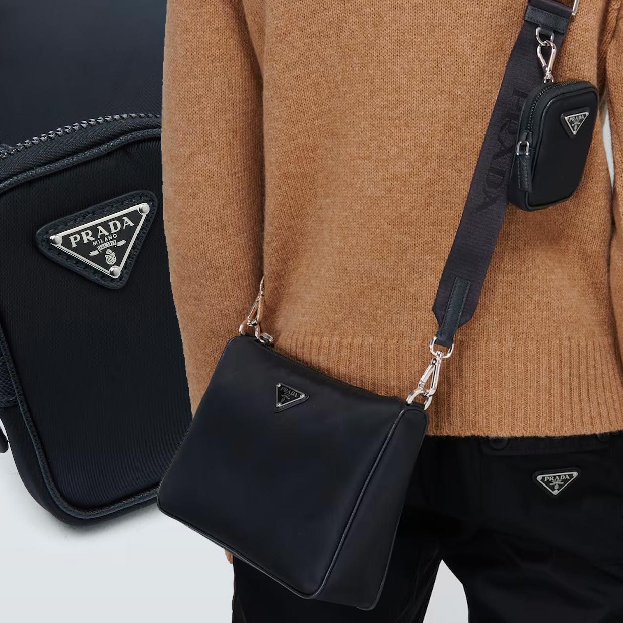 【PRADA】ナイロン ショルダーバッグ ポーチ付 レザー 黒 ロゴ
