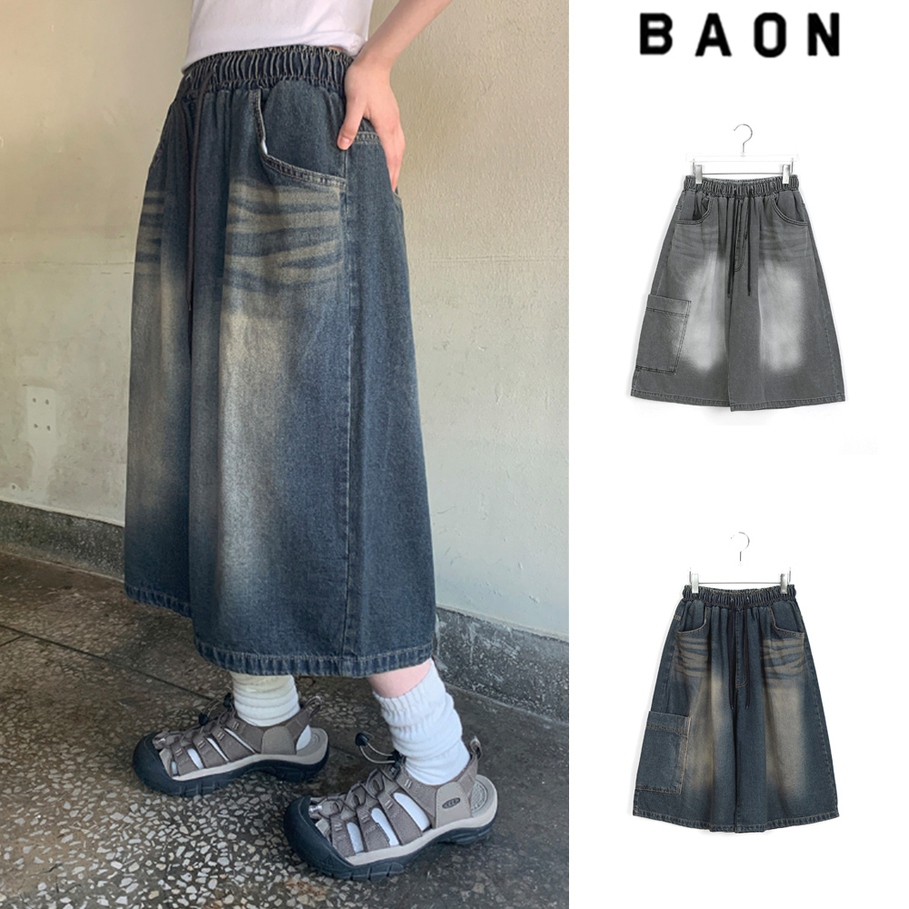 【BAON】Vintage Cat Washing Banding Bermuda Denim Cargo PT