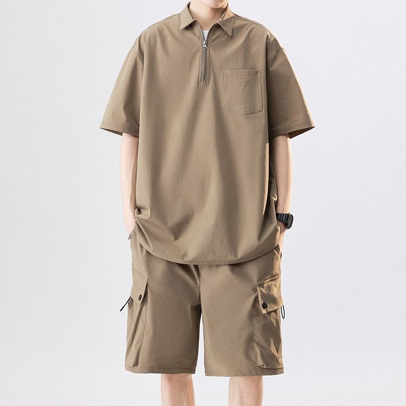 セットアップ 5色 ナイロン ハーフジップ シャツ カーゴショーツ