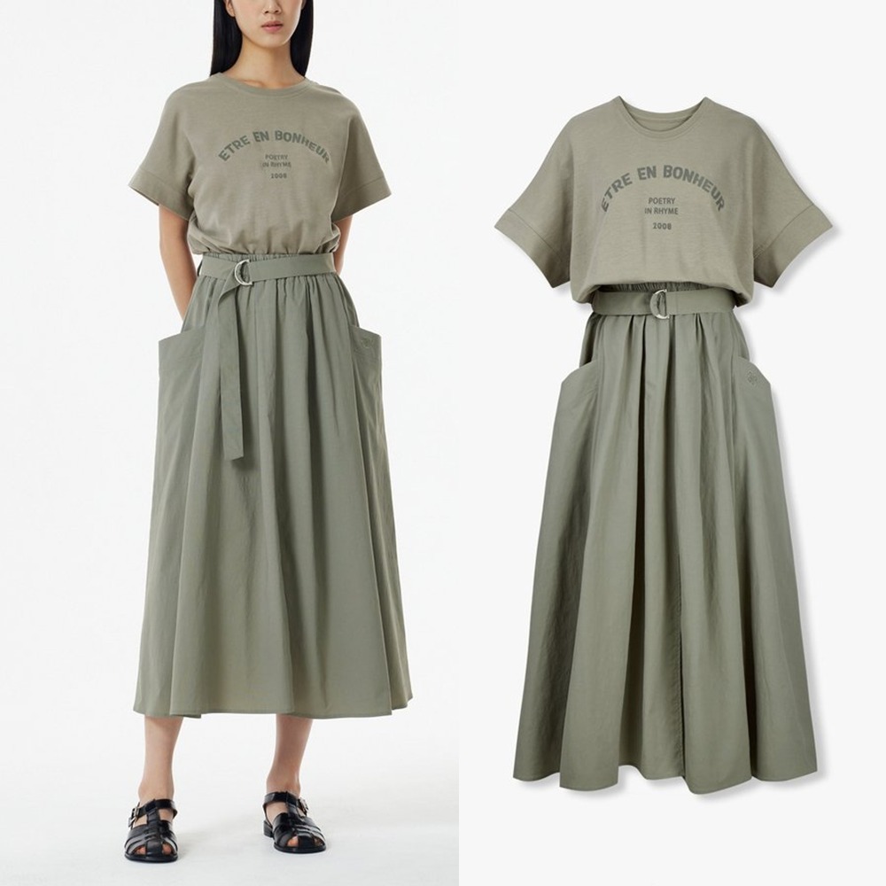 [注文上昇] レタリング ベルテッド 配色 ワンピース(KHAKI)