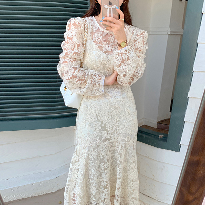 2色 ドレス マーメイド 総レース シースルー パーティー 結婚式