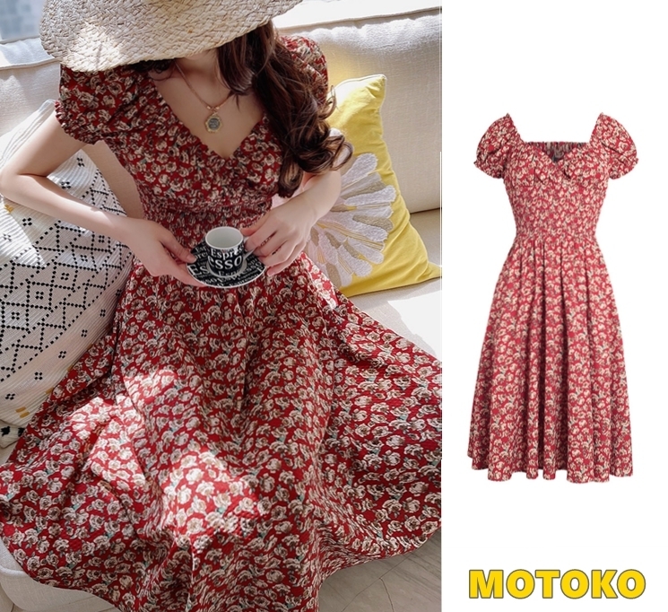 DABUWAWA上品 花柄 ロングワンピース パフスリーブ ⅴネック
