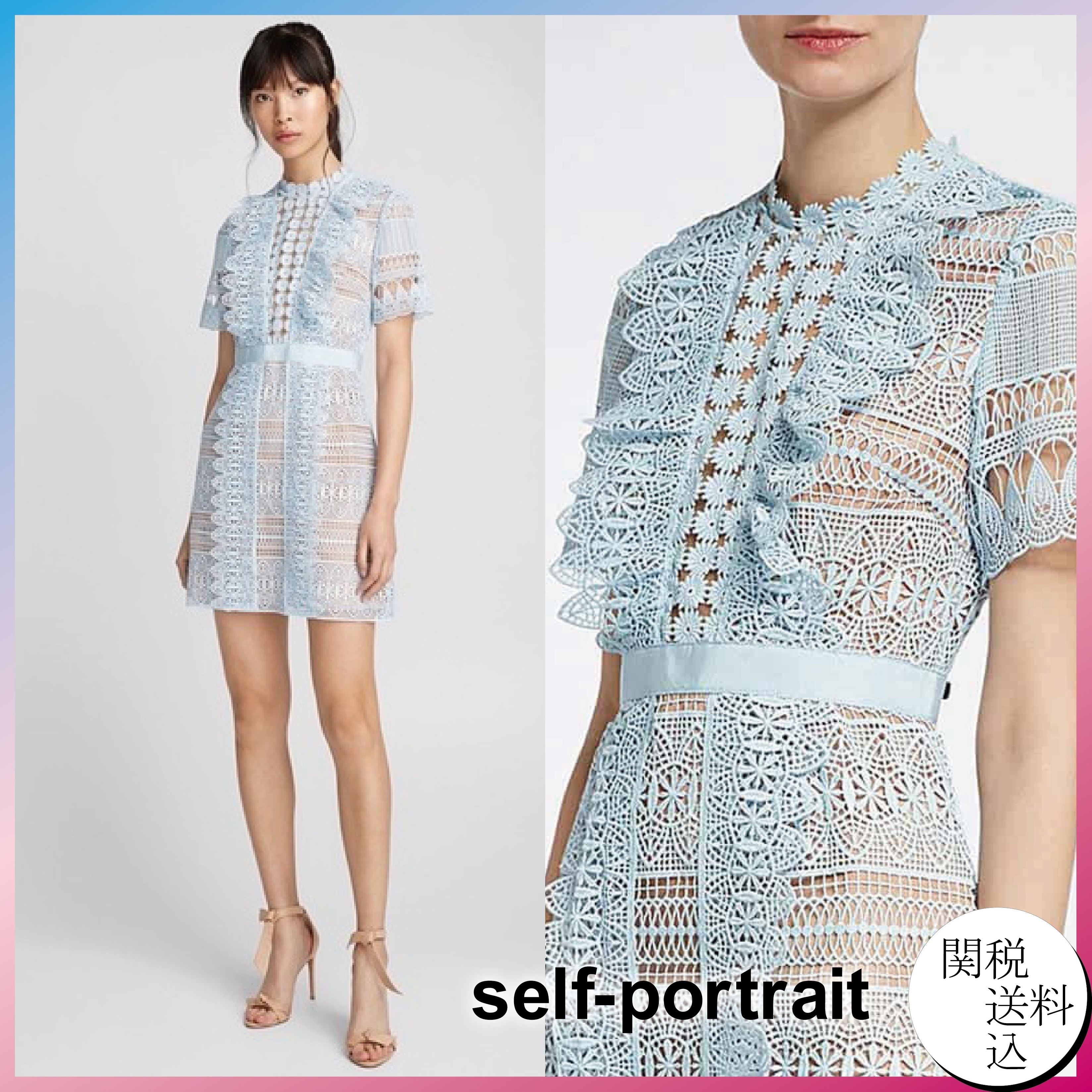 ||SALE|| Self-Portrait >> レースパネルミニドレス in ブルー