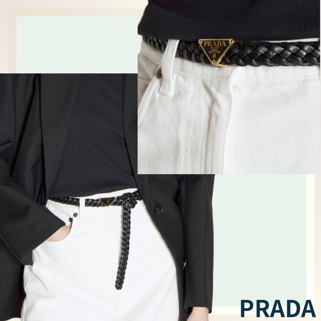 普段使いにも♪【PRADA】ロゴ プレート 編み込みベルト ブラック
