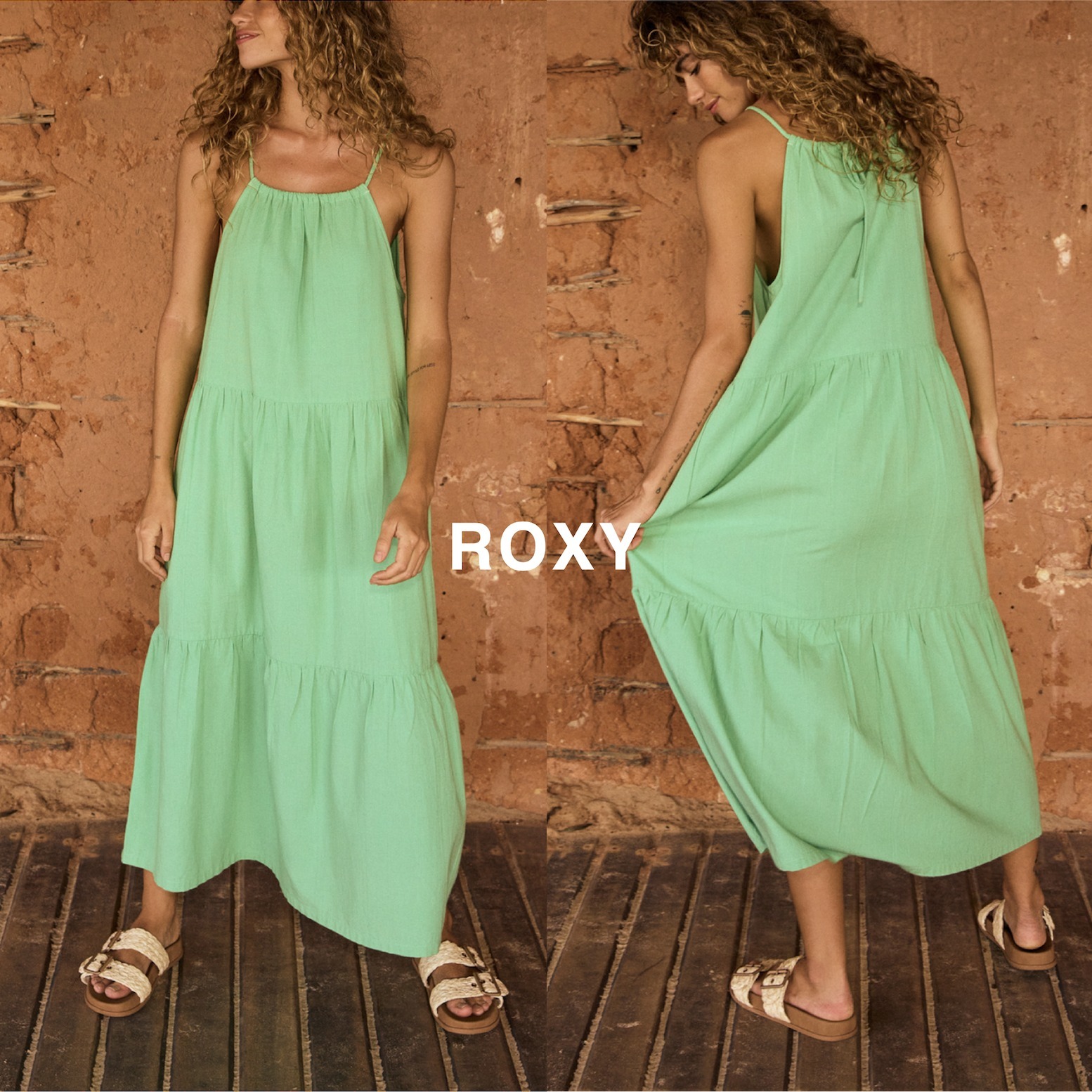 ◆Roxy◆ Wavy Days Midi ホルターネック ティアードワンピース