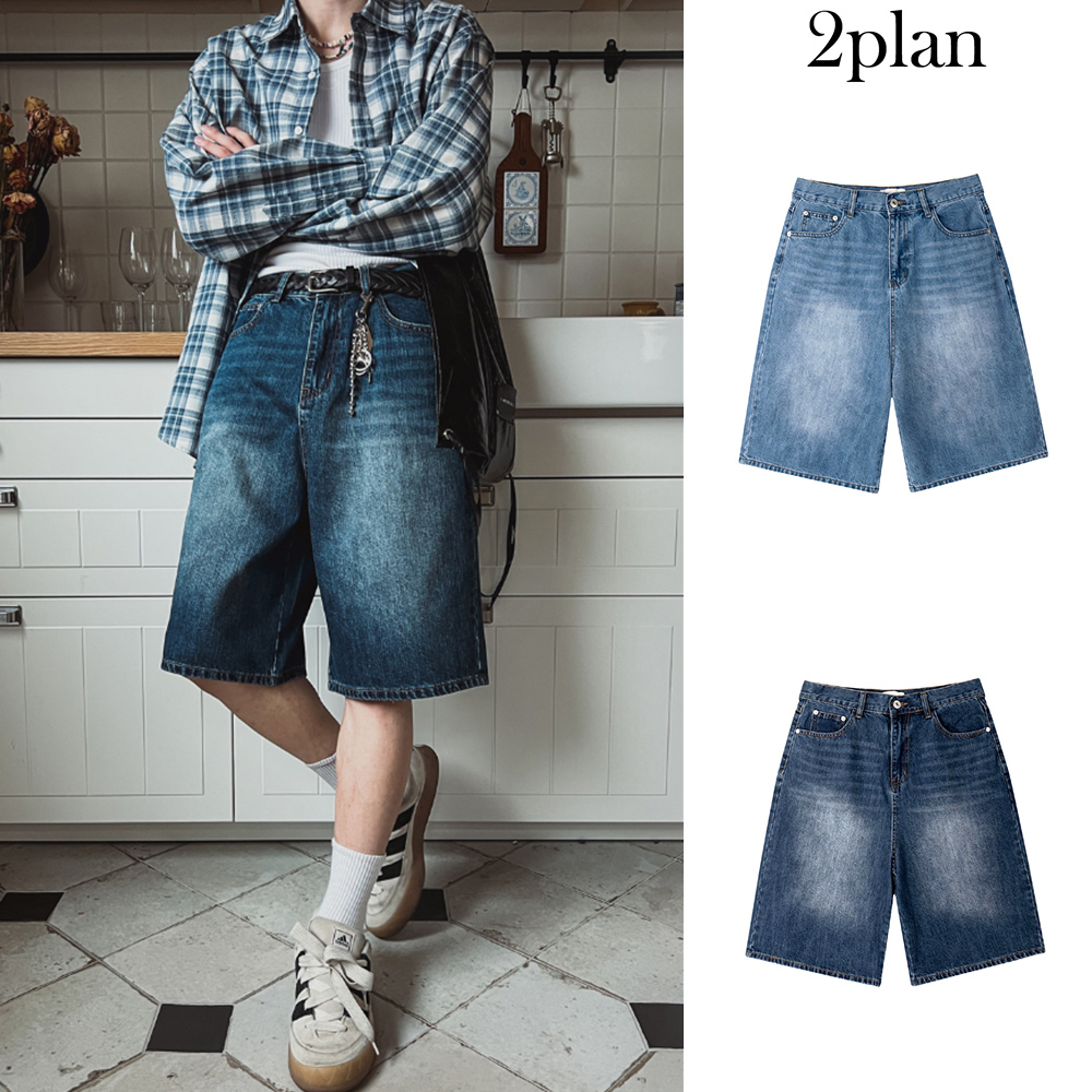 【2plan】Tailor washed Bermuda denim pants