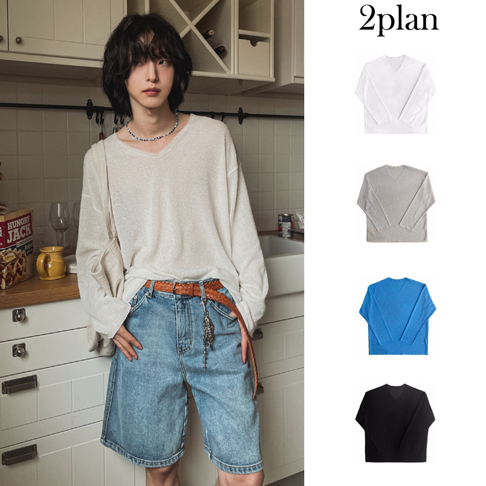 【2plan】Crema linen V-neck knit
