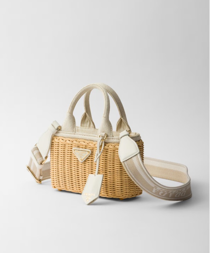《送料無料》 PRADA Mini wicker and linen blend tote bag
