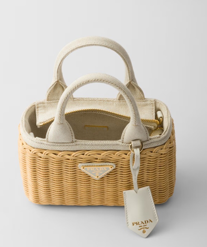 《送料無料》 PRADA Mini wicker and linen blend tote bag