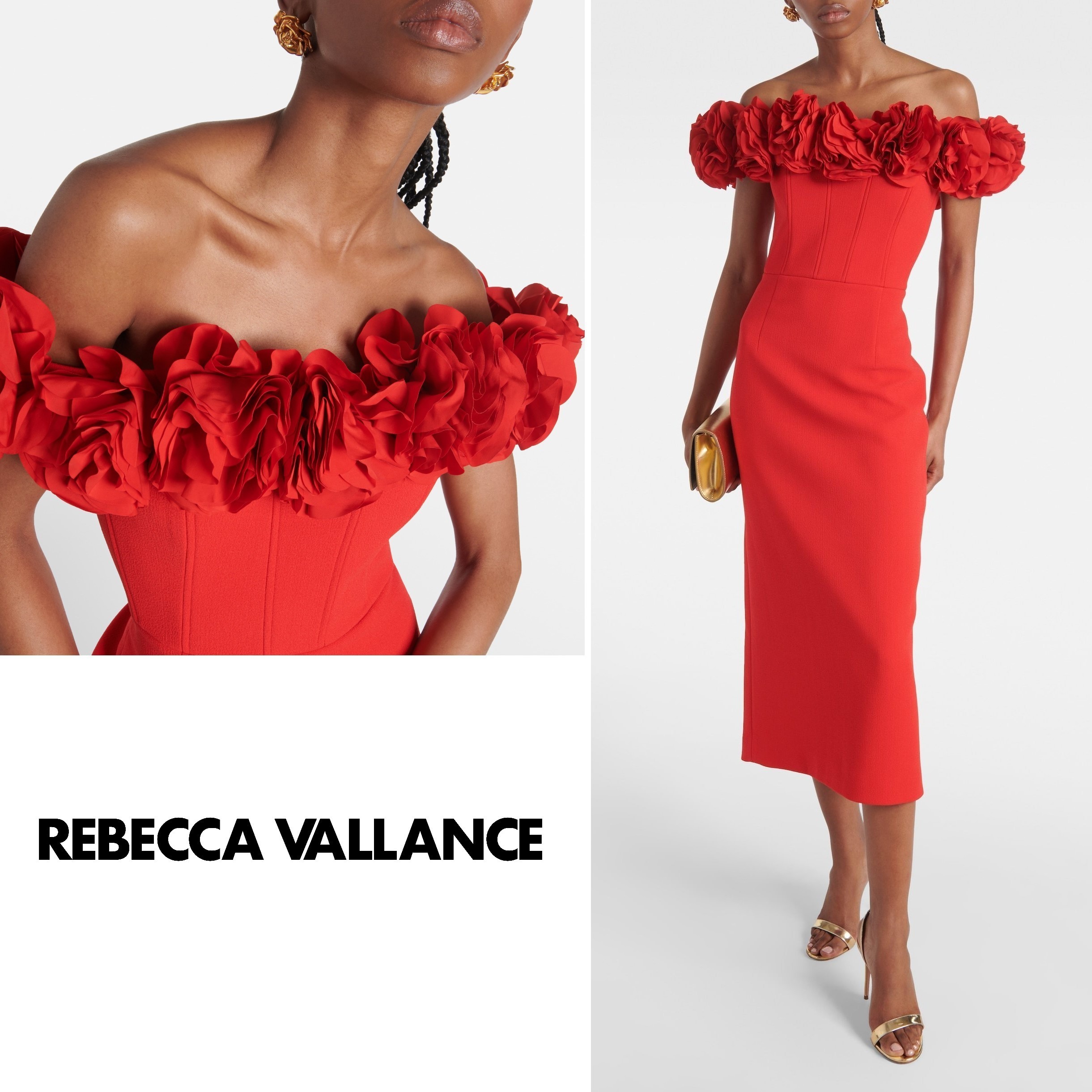 国内発| REBECCA VALLANCE 3Dフラワー オフショル ミディドレス
