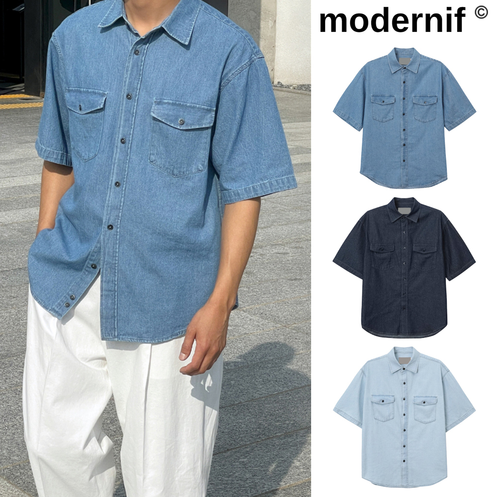 【MODERNIF】Winston Pocket Denim Short Sleeve Shirt