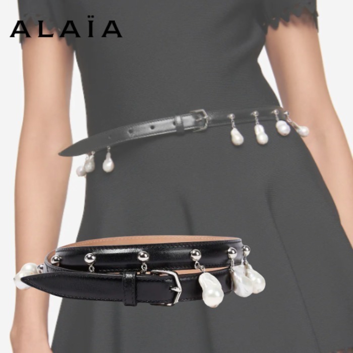 【ALAIA】フェイクパール装飾 レザーベルト ブラック