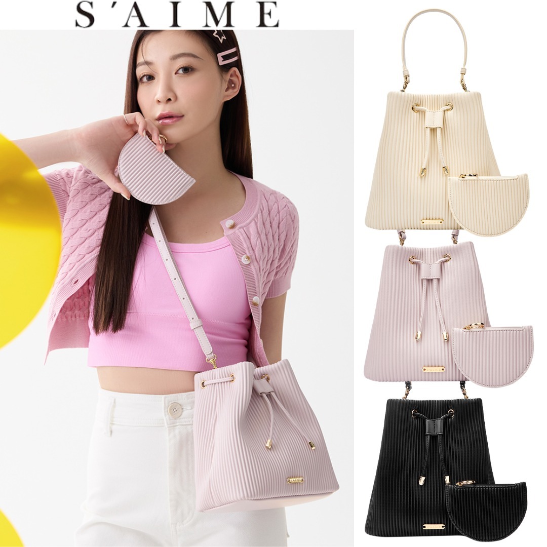 台湾 S’AIME プリーツ 巾着バッグ 大 半月型小銭入れ付き