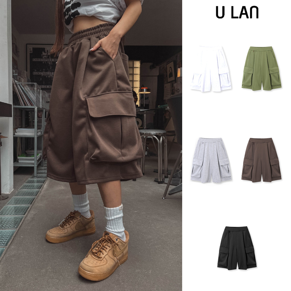 【U LAN】Toffee Wide Cargo Bermuda Pants