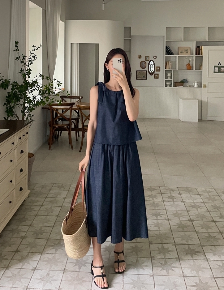 【I AM MARI】Devel Denim Ribbon Sleeveless Banding Skirt Set I AM MARI】Devel Denim Ribbon Sleeveless Banding Skirt Set