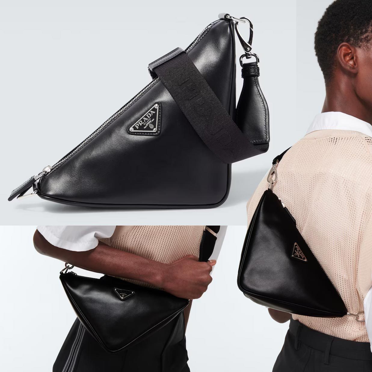 【PRADA】レザー トライアングル ショルダー バッグ ロゴ 黒