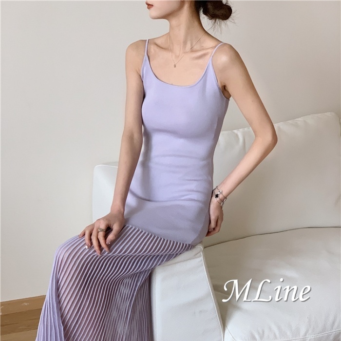 5色 キャミ ワンピース ドレス ロング丈 切替 プリーツ シアー感