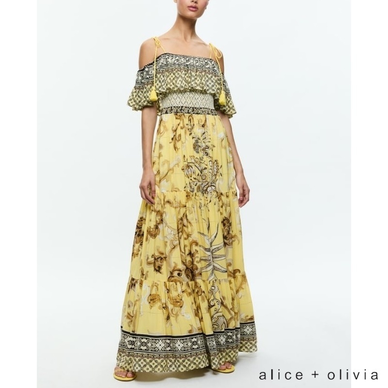 Alice Olivia 新作オフショルダーレイヤーロングドレスイエロー