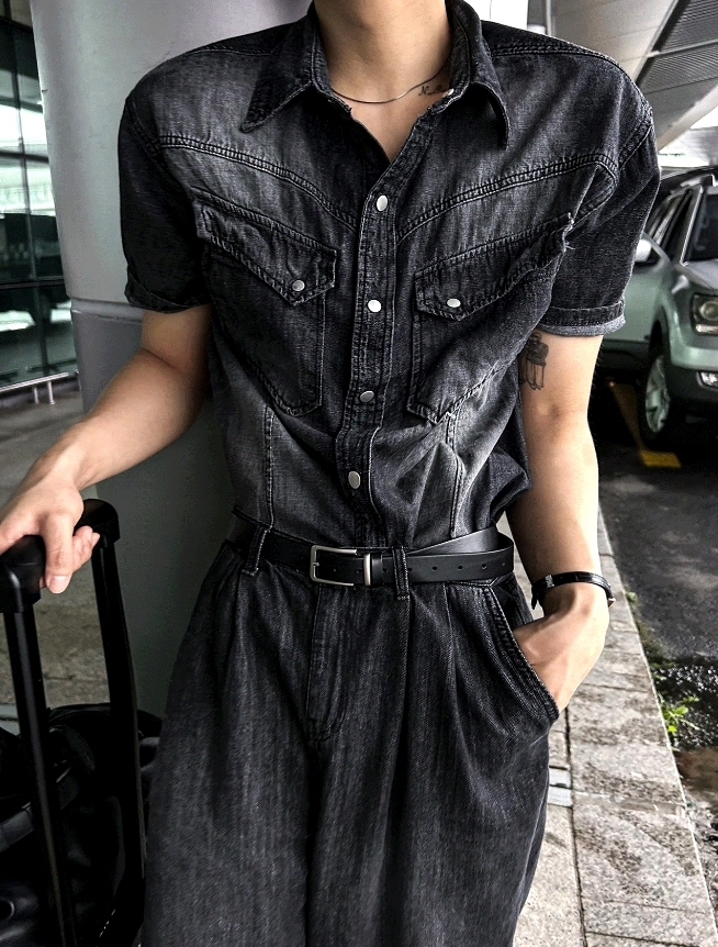 【COSYHARU】[Muscle Fit] Western Denim Linen Shirt COSYHARU】[Muscle Fit] Western Denim Linen Shirt